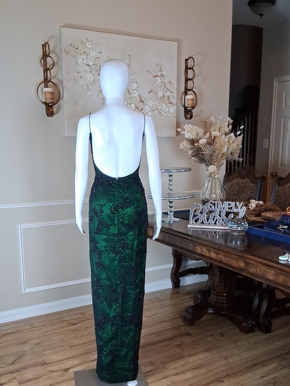 Women's Emerald Green Beaded Spaghetti-Strap Floor Length Evening Gown Size S - Picture 10 of 16